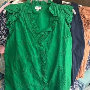J. Crew XS Green Ruffle Eyelet Cap-Sleeve Top